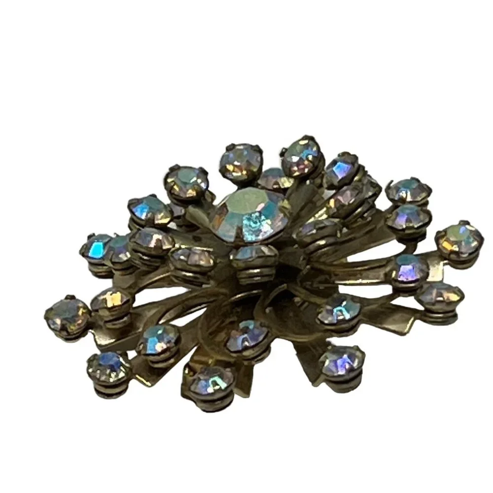 Snowflake Brooch AB Stones Gold‎ Tone Aurora Borealis Flower Vintage Pin